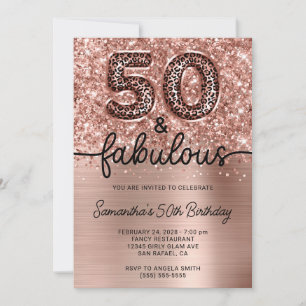 Invitación Rosa Dorado Brillante Leopardo Glam 50 y Fabuloso