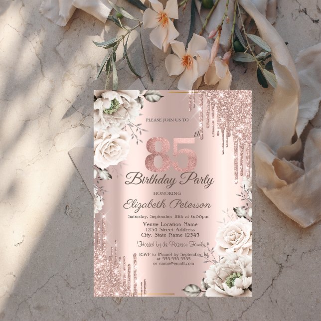 Invitación Rosa Dorado, Brillantes Goteos, Flores Blancas 85º (Subido por el creador)