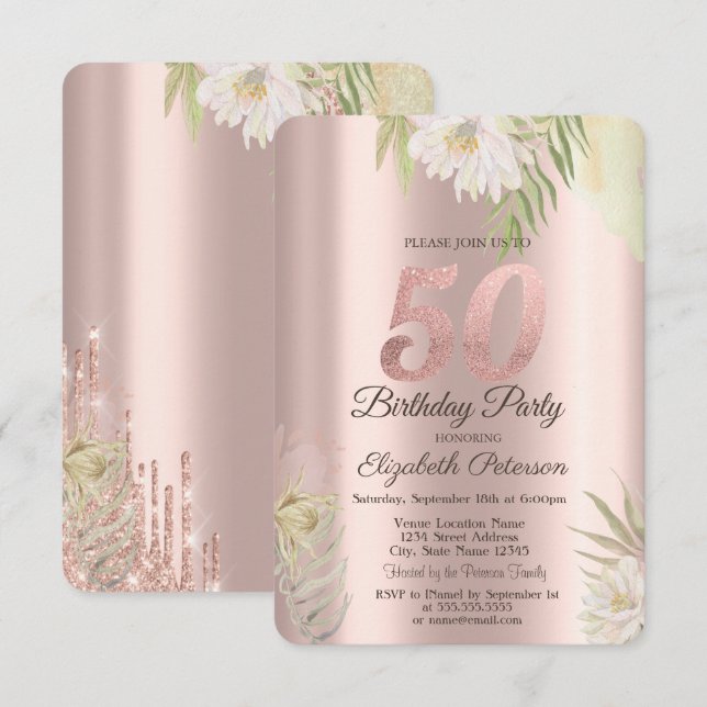 Invitación Rosa Dorado Brillo Gotea Flores Boho 50 Cumpleaños (Anverso / Reverso)