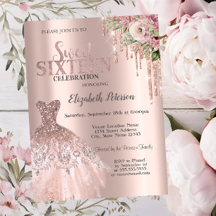 Invitación Rosa Dorado Brillo Gotea, Flores del Vestido Dulce
