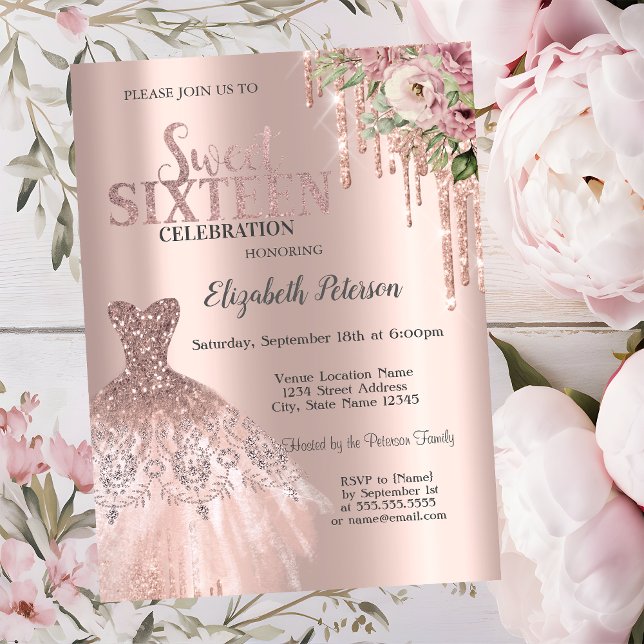 Invitación Rosa Dorado Brillo Gotea, Flores del Vestido Dulce (Subido por el creador)