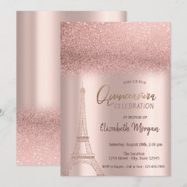 Invitación Rosa dorado brillo Ombre, Torre Eiffel Quinceañera