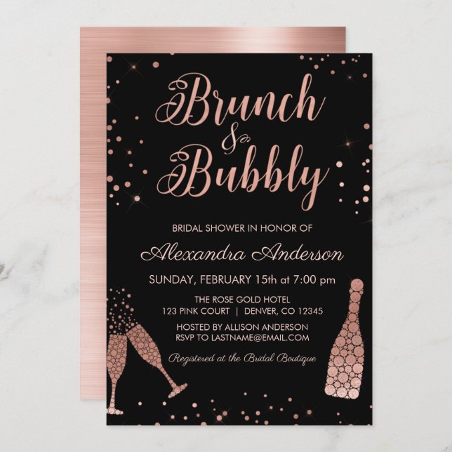 Invitación Rosa Dorado Brunch & Bubbly Bridal Shower (Anverso / Reverso)