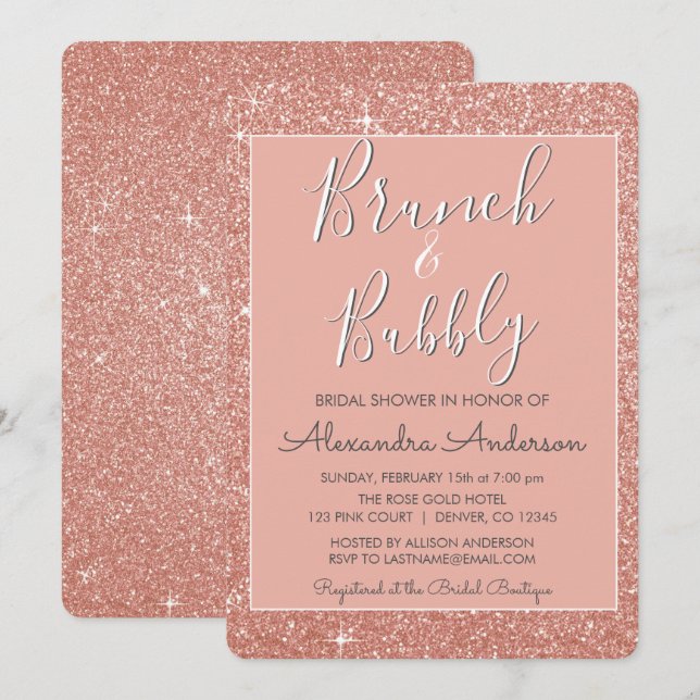 Invitación Rosa Dorado Brunch & Bubbly Bridal Shower (Anverso / Reverso)