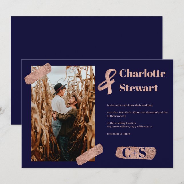 Invitación Rosa dorado brushazo elegante moda foto boda (Anverso / Reverso)