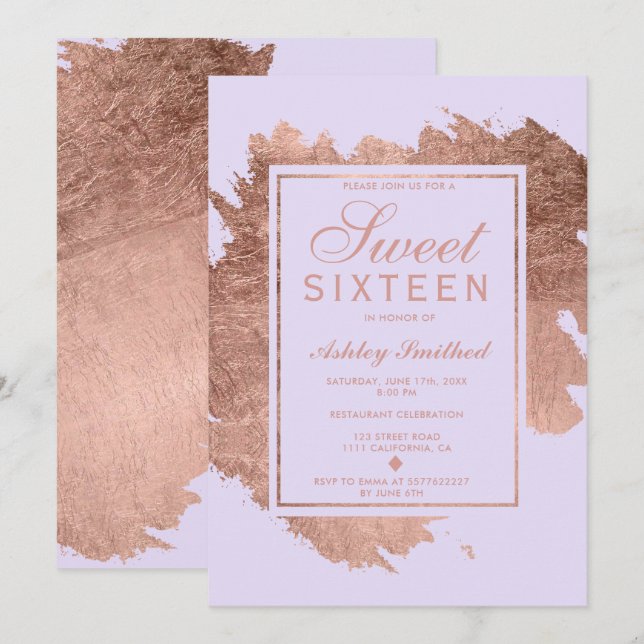 Invitación Rosa Dorado cepillos lavanda Dulce 16 (Anverso / Reverso)