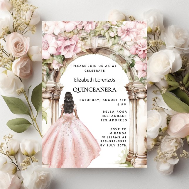 Invitación Rosa dorado color rosa arcos vestido Quinceanera (Subido por el creador)