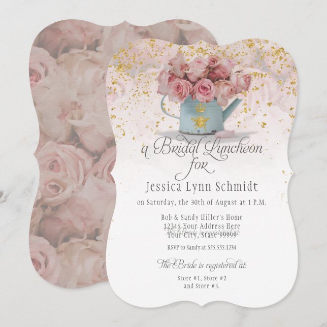 Invitación Rosa dorado con polvo floral y almuerzo con novia  (Anverso / Reverso)