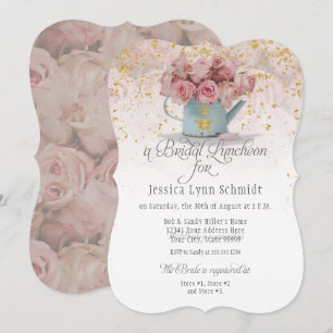 Invitación  Rosa dorado con polvo floral y almuerzo con novia