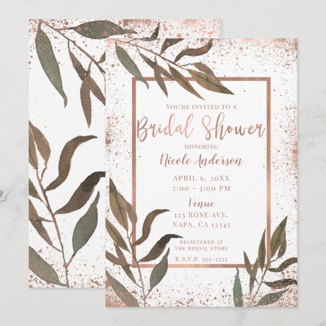 Invitación Rosa Dorado Copper Botánica Glam Bridal Shower (Anverso / Reverso)