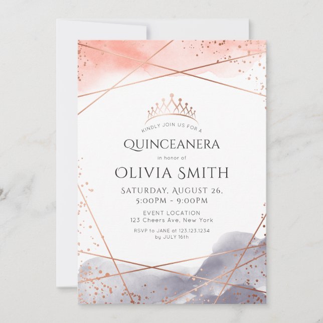 Invitación Rosa Dorado Dawn Watercolor Quinceanera geométrica (Anverso)