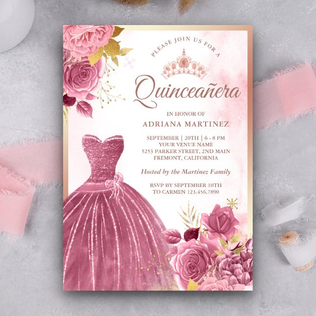 Invitación Rosa dorado de floral rosa mojado Quinceanera (Subido por el creador)