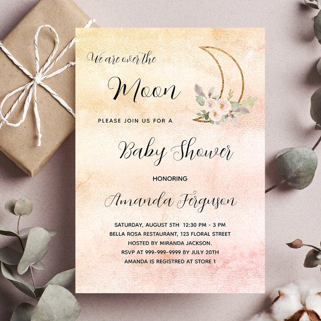 Invitación Rosa dorado de la luna de la ducha del bebé chica (Subido por el creador)