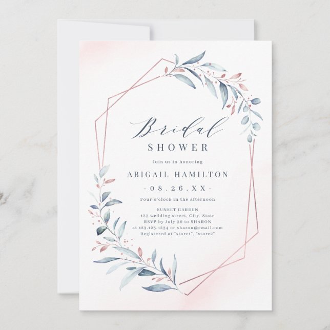 Invitación Rosa Dorado Dusty Blue Greenery Bridal Shower (Anverso)