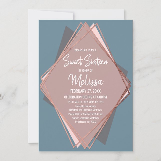 Invitación Rosa Dorado Dusty Blue Mauve Geométrico Sweet 16 (Anverso)