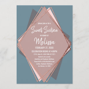Invitación Rosa Dorado Dusty Blue Mauve Geométrico Sweet 16