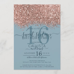 Invitación Rosa Dorado Dusty Blue Purpurina Confetti Sweet 16