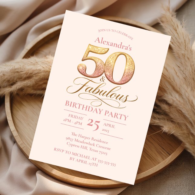 Invitación Rosa Dorado Elegante 50 Cumpleaños (Subido por el creador)