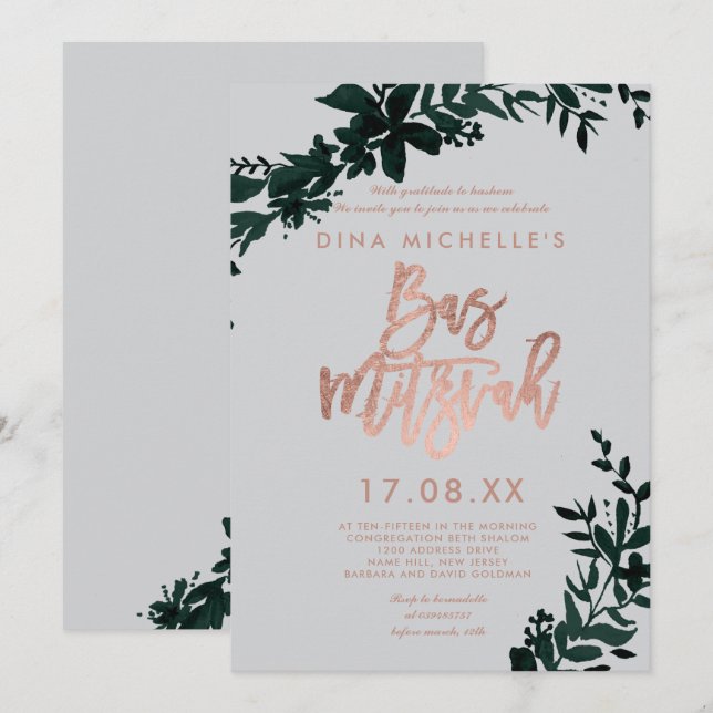 Invitación Rosa dorado escritura Floral verde gris bas mitzva (Anverso / Reverso)