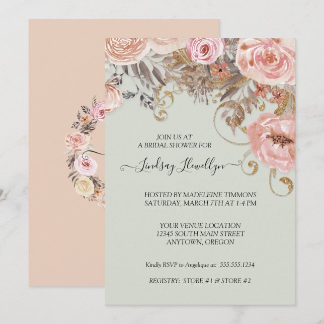 Invitación Rosa Dorado Floral Boho Peach (Anverso / Reverso)