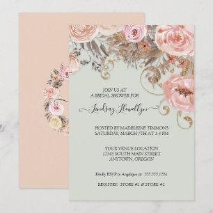 Invitación Rosa Dorado Floral Boho Peach