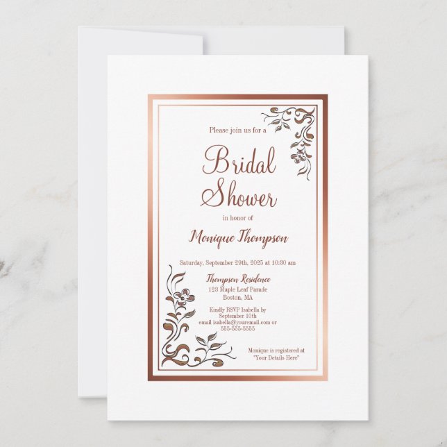 Invitación Rosa Dorado Floral Border Bridal Shower (Anverso)