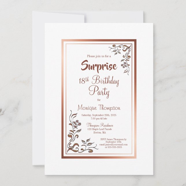 Invitación Rosa Dorado Floral Border Surprise 18th Birthday (Anverso)