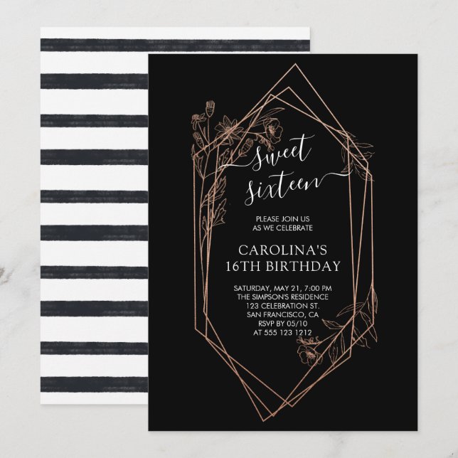 Invitación Rosa Dorado Floral Dulce Dieciséis cumpleaños (Anverso / Reverso)