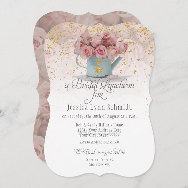 Invitación  Rosa Dorado Floral Dusty Elegante Luncheon (Anverso / Reverso)