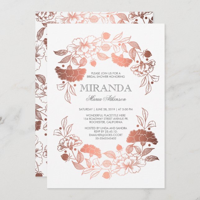 Invitación Rosa Dorado Floral Elegante Bridal Bridal Ducha Bl (Anverso / Reverso)