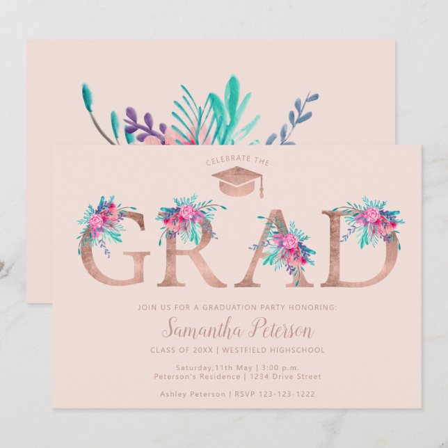 Invitación Rosa dorado floral letra rosa rubor graduación (Anverso / Reverso)