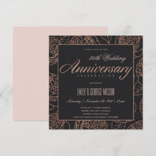 INVITACIÓN ROSA DORADO FLORAL NEGRO CUALQUIER AÑO ANIVERSARIO