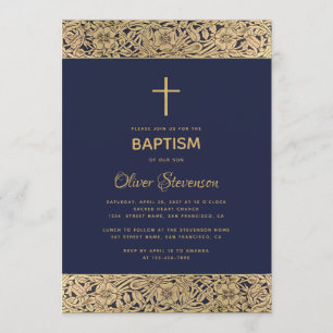 Invitación Rosa Dorado Floral sobre Azul Marino Bautizo Elega
