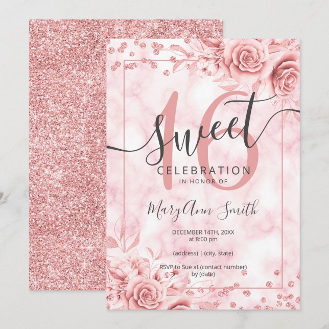 Invitación Rosa Dorado Floral Sweet 16 Purpurina de mármol de (Anverso / Reverso)