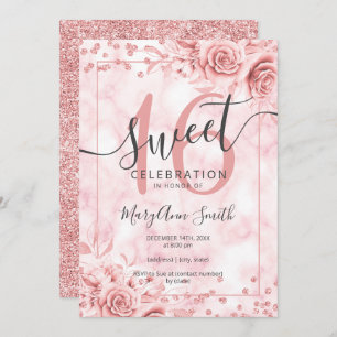Invitación Rosa Dorado Floral Sweet 16 Purpurina de mármol de