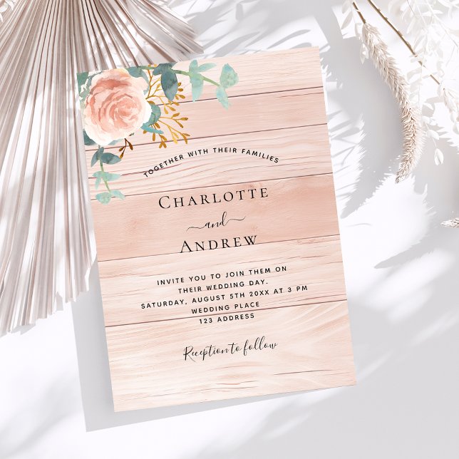 Invitación Rosa dorado floral verde boda de madera (Subido por el creador)