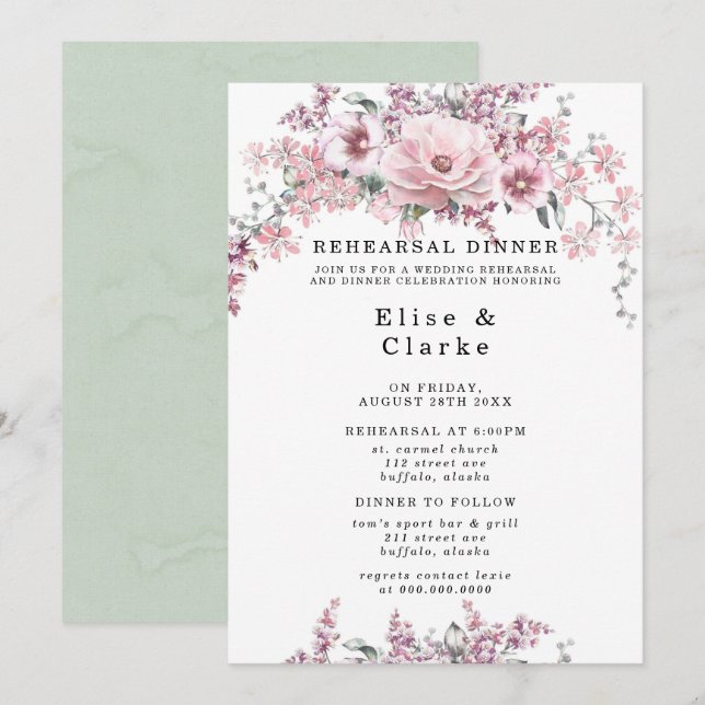 Invitación Rosa Dorado Floral y Eucalyptus Cena de Ensayos (Anverso / Reverso)