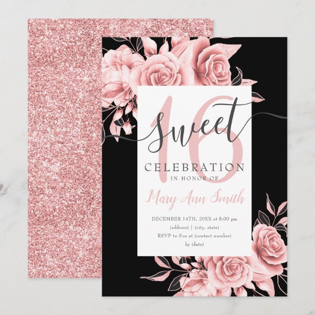 Invitación Rosa Dorado Floral y Purpurina Dulce 16 Script Neg (Anverso / Reverso)