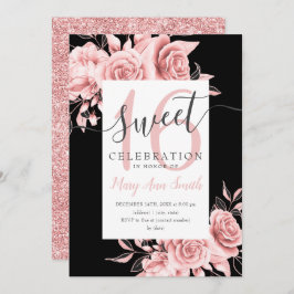 Invitación Rosa Dorado Floral y Purpurina Dulce 16 Script Neg