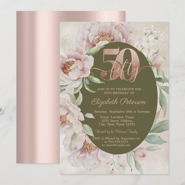 Invitación Rosa Dorado Flores Elegantes Cumpleaños 50 (Anverso / Reverso)