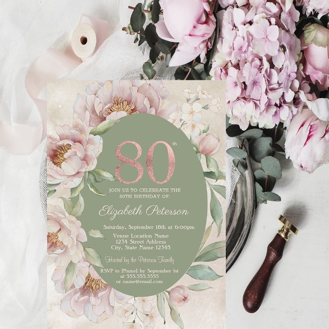 Invitación Rosa Dorado Flores Elegantes Cumpleaños 80 Verde  (Subido por el creador)