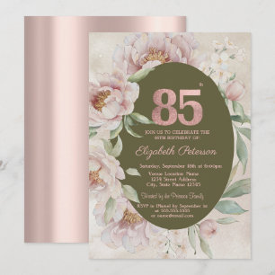 Invitación Rosa Dorado Flores Elegantes Cumpleaños 85