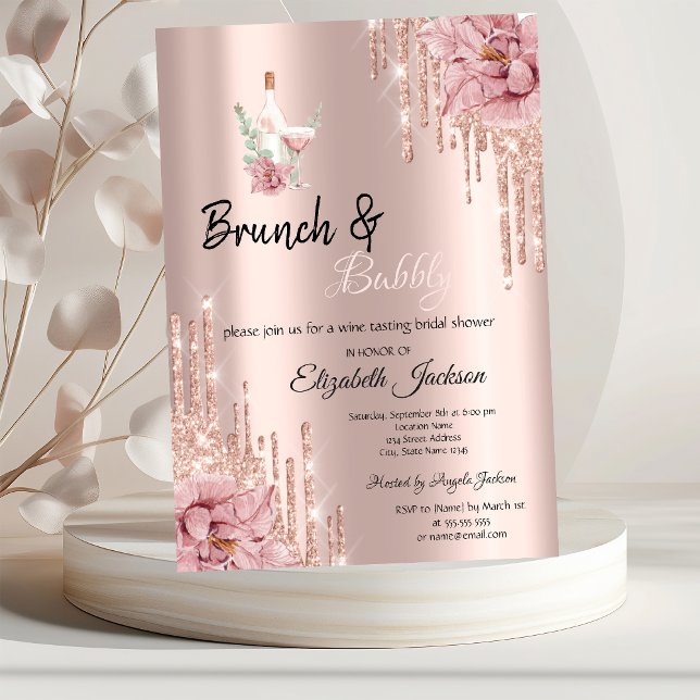Invitación Rosa Dorado  Flores que Gotean Brunch de Vino y Bu (Subido por el creador)
