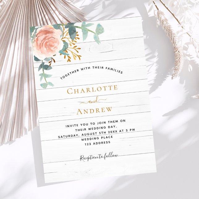 Invitación Rosa dorado florido vegetación boda de madera blan (Subido por el creador)
