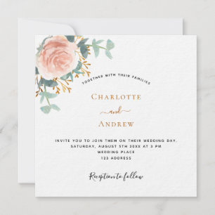 Invitación Rosa dorado florido vegetación QR RSVP boda de luj