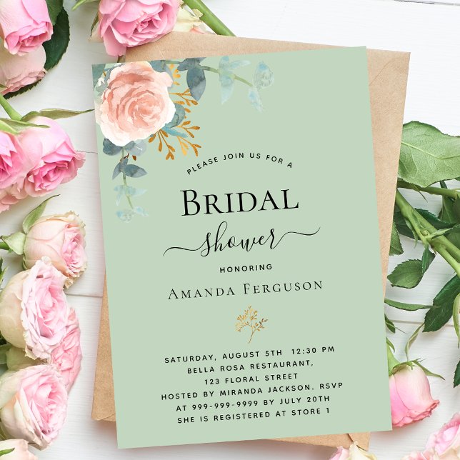 Invitación Rosa dorado florido vegetación sage verde Bridal S (Subido por el creador)