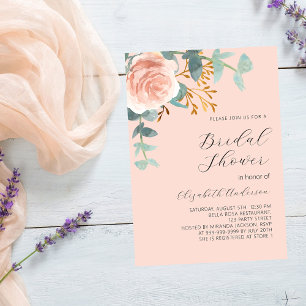 Invitación Rosa dorado florido verde melocotón Bridal Shower