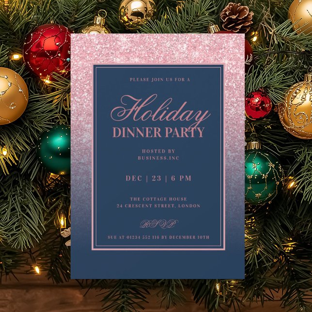 Invitación Rosa Dorado Formal Glitter FALSO Fiesta de Navidad (Formal Rose Gold FAUX Glitter Holiday Dinner Navy Invitation)