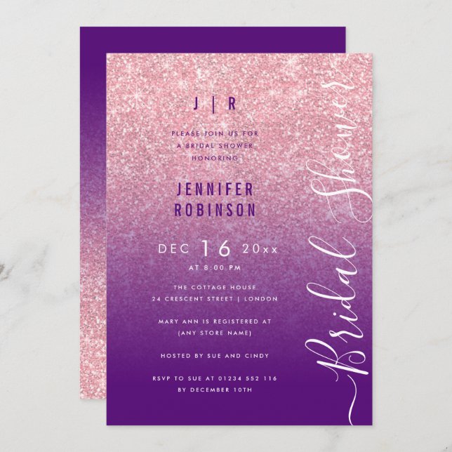 Invitación Rosa Dorado Glam Glitter Script Despedida de Solte (Anverso / Reverso)