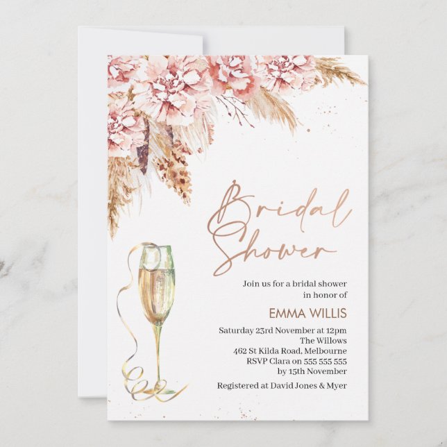 Invitación Rosa Dorado Glass Floral Pampas Ducha de Novias Gr (Anverso)